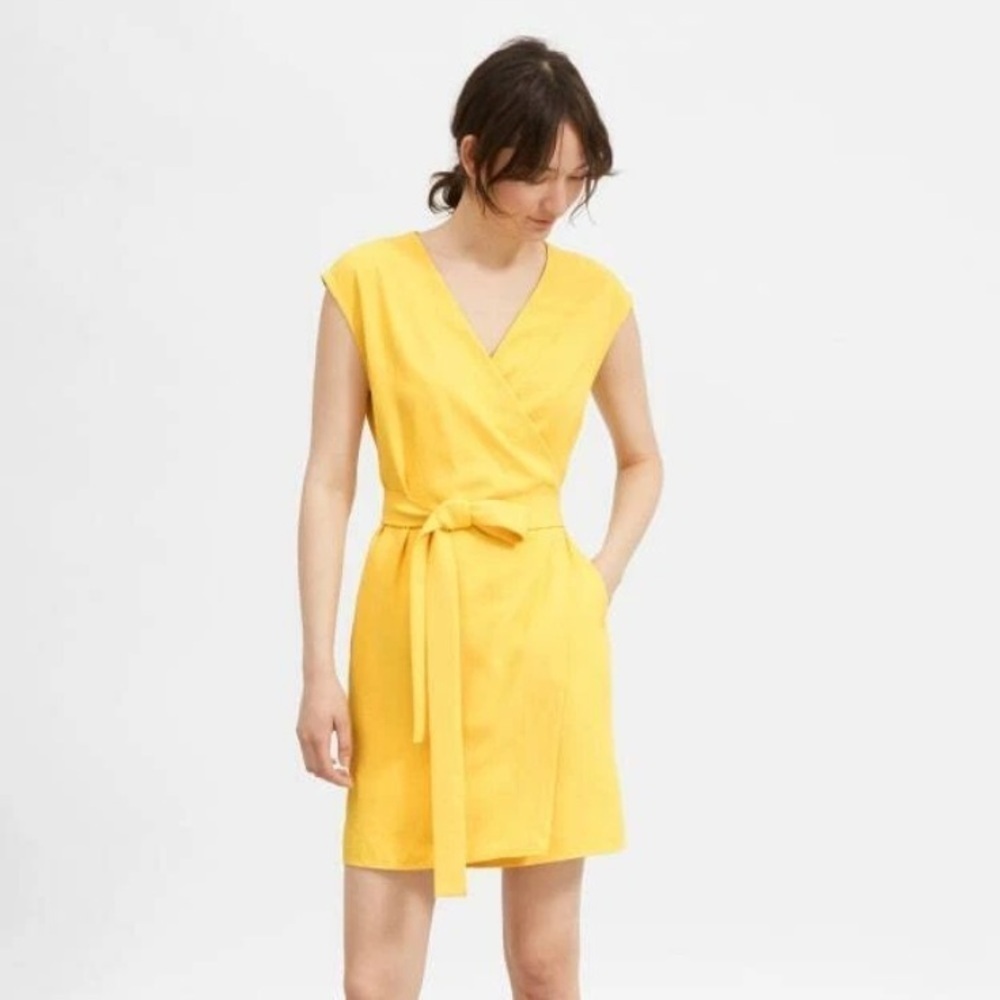 Everlane Japanese GoWeave Wrap Dress Short Sleeve Mini Yellow Size 6 Summer
